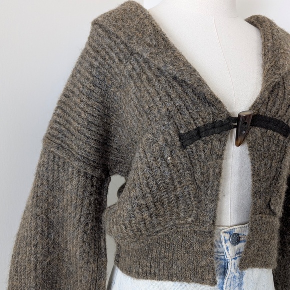 Tribal Knit Cardigan Cropped Long Balloon Sleeve Single Button Closure Collar - Picture 2 of 12